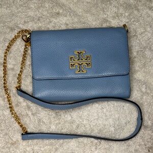 Tory Burch Sky Blue Britten Pebbled Leather Combo Crossbody Bag